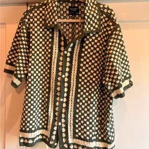 Abercrombie & Fitch Men's Short-Sleeve Crochet Button-Up Shirt in Olive & Cream